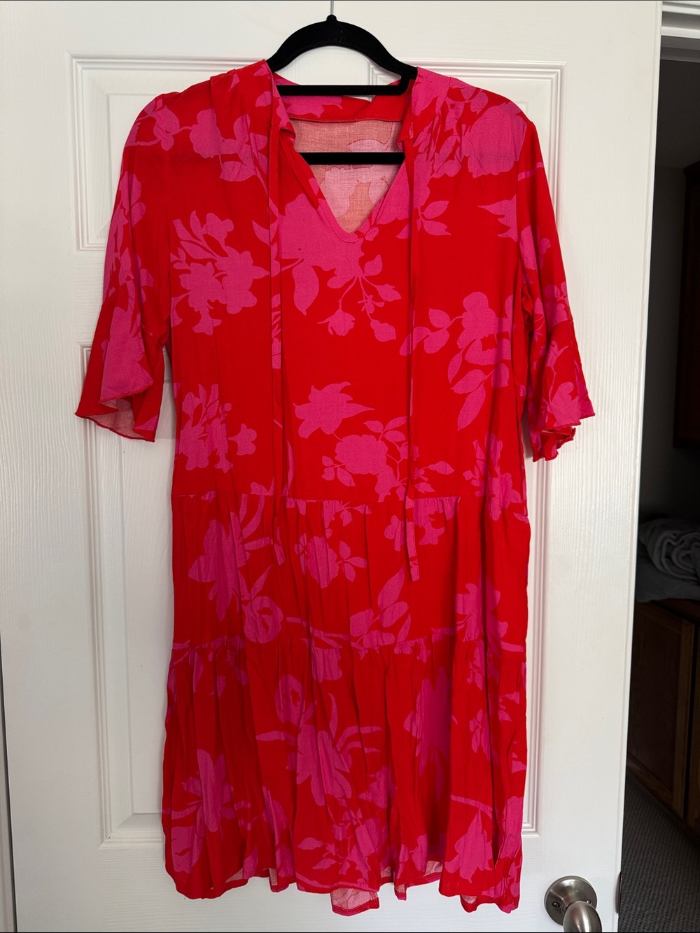Red & Pink Floral V-Neck Tiered Dress
